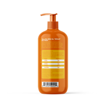 Orange bottle with pump dispenser containing fish oil supplement with dosage chart label on back.