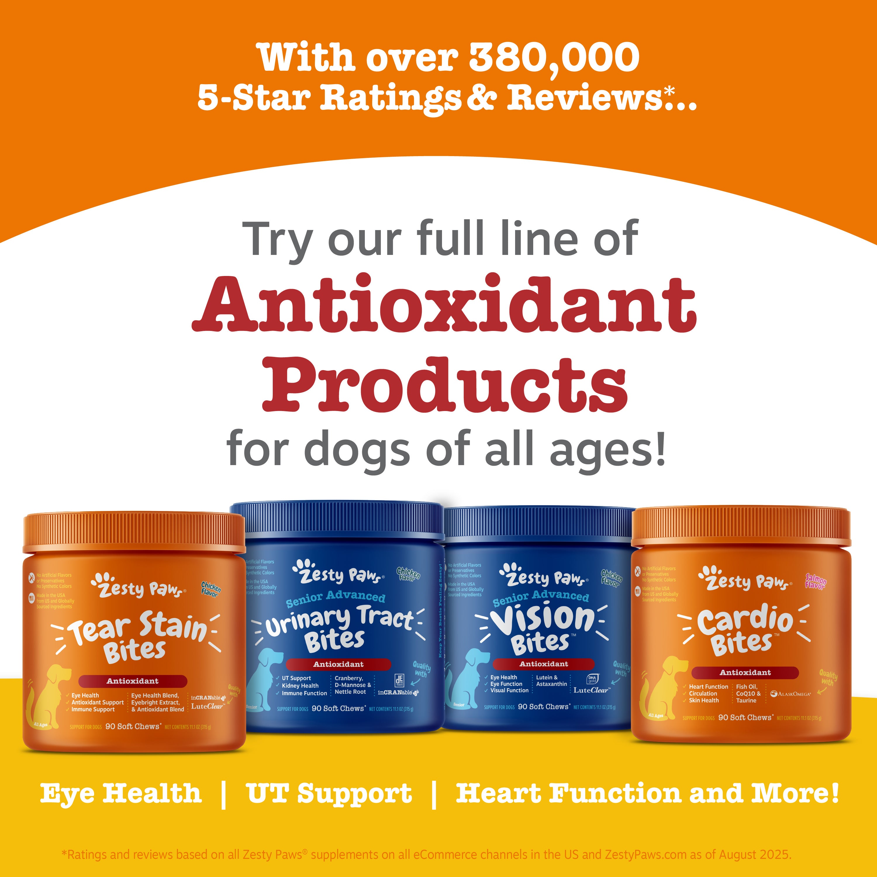 Four dog supplement bottles in orange and blue containers labeled Tear Stain Bites, Urinary Tract Bites, Vision Bites, and Ca