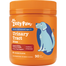 Orange jar of Zesty Paws Senior Advanced Urinary Tract Bites for dogs with illustration of light blue dog and orange screw-to