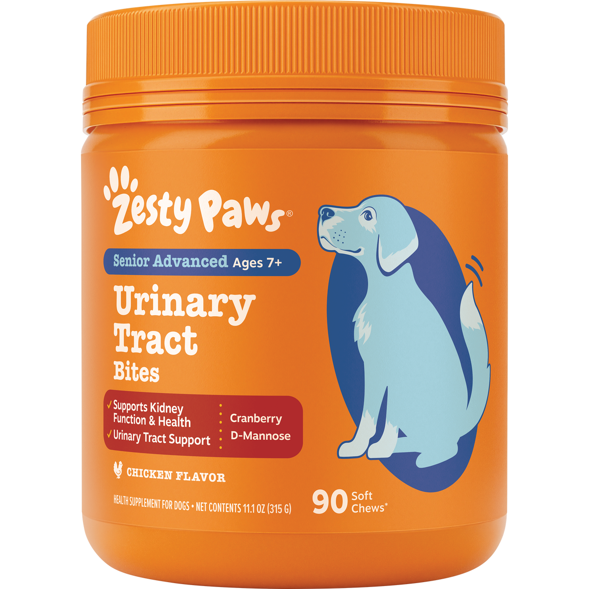 Orange jar of Zesty Paws Senior Advanced Urinary Tract Bites for dogs with illustration of light blue dog and orange screw-to