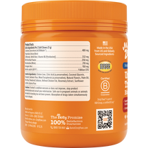 Orange plastic jar with orange ribbed lid containing dog supplement chews, featuring product facts label and ingredient infor