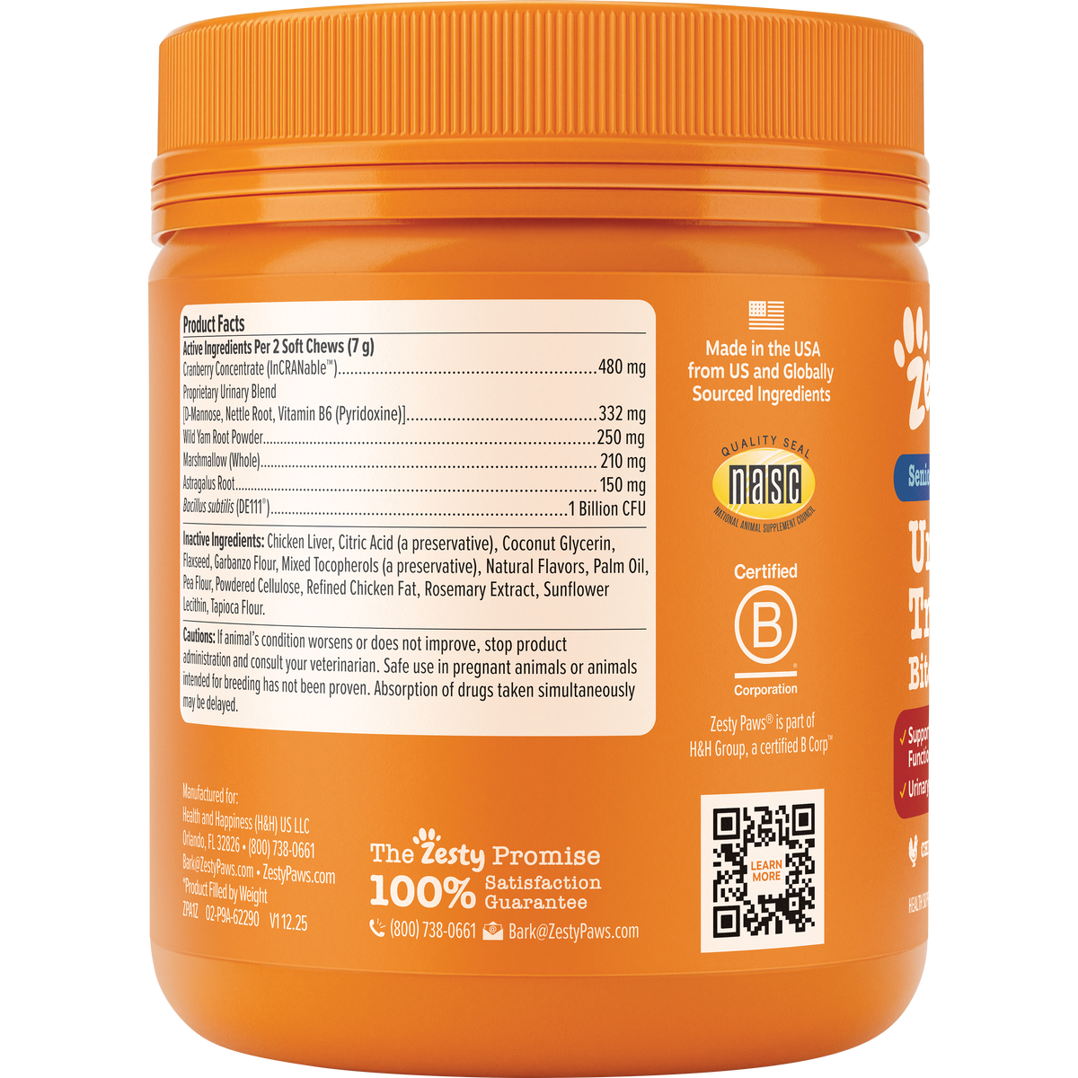Orange plastic jar with orange ribbed lid containing dog supplement chews, featuring product facts label and ingredient infor