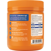 Orange plastic jar of dog chews with blue and white labels listing ingredients and dosage information.