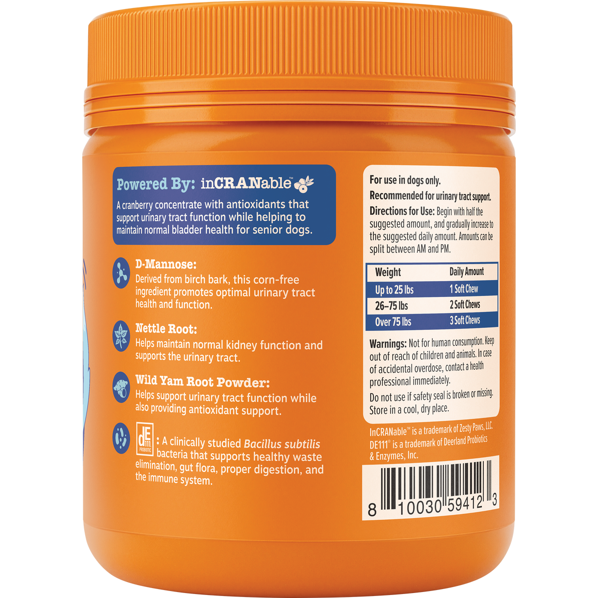 Orange plastic jar of dog chews with blue and white labels listing ingredients and dosage information.