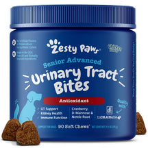Blue jar of Zesty Paws Senior Advanced Urinary Tract Bites for dogs with brown soft chews displayed in front.