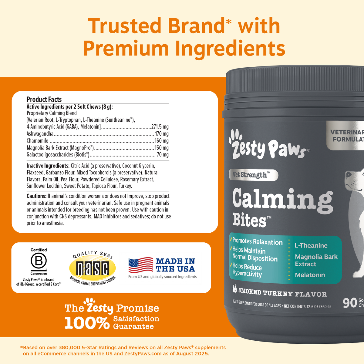 Dark gray jar of Zesty Paws Vet Strength Calming Bites with white paw logo, product information label, and green ingredient c