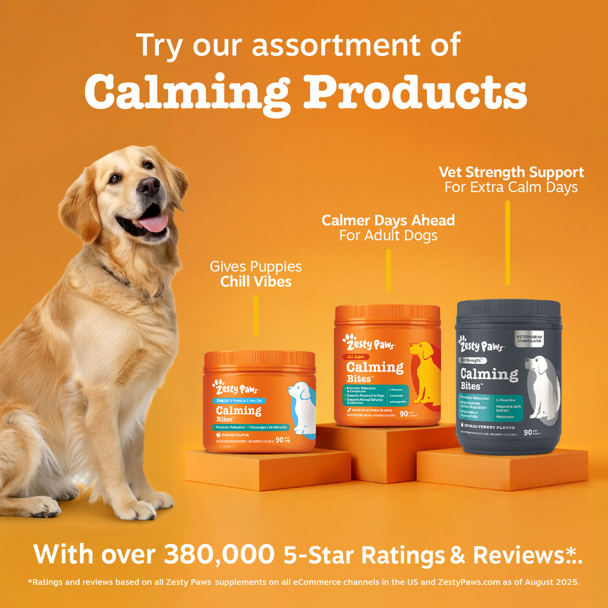 Golden Labrador sitting next to three orange and gray Zesty Paws calming bite containers on orange platform against orange ba