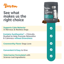 Zesty Paws Calming Bites dark container with brown treats displayed next to marketing checklist highlighting product benefits