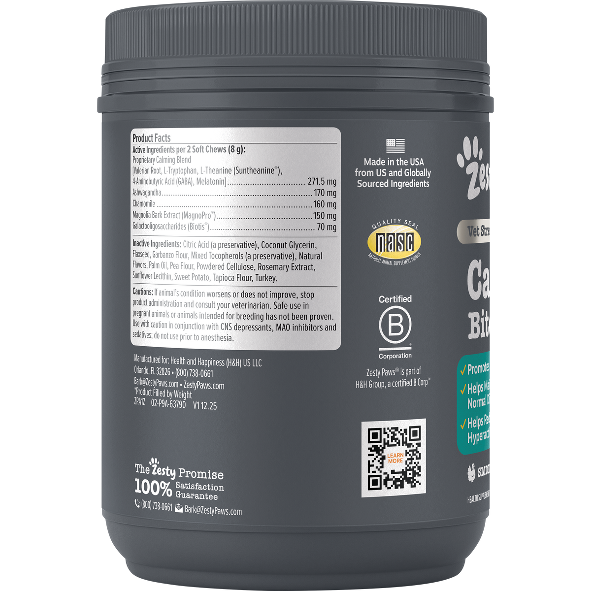 Dark gray cylindrical container with white label showing product facts, ingredients, and certifications for dog calming suppl