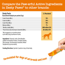 Orange packet of dog probiotic powder with nutritional facts, ingredient list, and silhouette of dog shown.