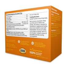 Orange box of probiotic powder for dogs with nutritional information, ingredients, and feeding directions displayed on packag