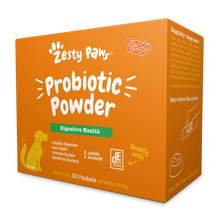 Orange box of Zesty Paw probiotic powder for dogs with pumpkin flavor, containing 30 packets.