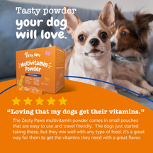 Zesty Paws multivitamin powder orange box with small pouches, displayed next to two small dogs.