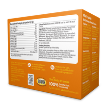 Orange box of multivitamin powder for dogs with nutrition facts, ingredients list, and feeding directions printed on packagin