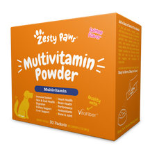 Orange box of Zesty Paws Multivitamin Powder for dogs in salmon flavor, containing 30 packets.
