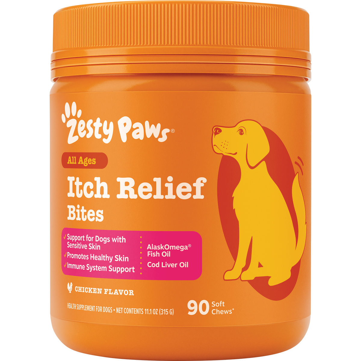 Orange jar of Zesty Paws Itch Relief Bites dog treats with yellow and red dog illustration and orange screw-top lid.