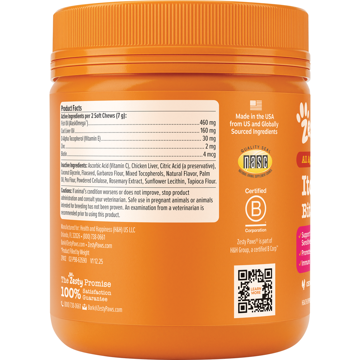 Orange jar of dog chew treats with ridged lid, product facts label, and made in USA certification visible.