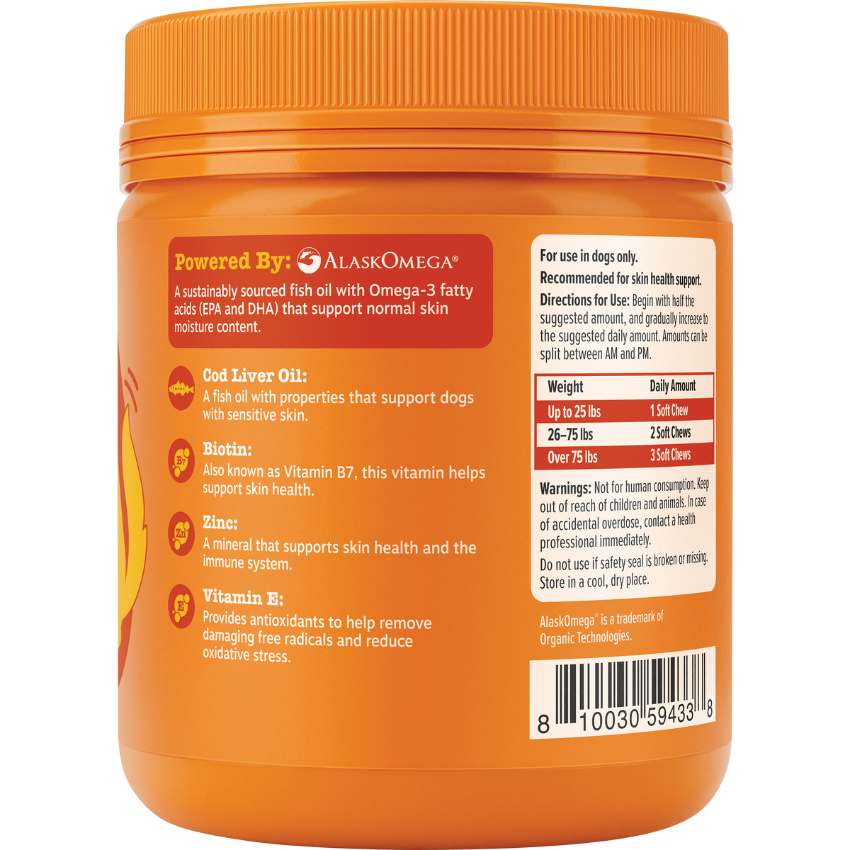 Orange jar of dog itch relief supplement with ribbed cap, showing ingredient information and dosage guidelines on label.