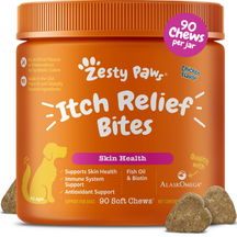 Orange jar of Zesty Paw Itch Relief Bites for dogs with chicken flavor, 90 soft chews, with tan-colored chews displayed in fr