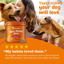 Orange container of Itch Relief Bites dog chews with woman and two brown dogs in background.