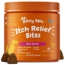 Orange jar of Zesty Paw Itch Relief Bites dog treats with chicken flavor, 90 soft chews, brown treats visible.