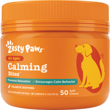 Orange jar of Zesty Paws Calming Bites dog treats with peanut butter flavor, 50 soft chews, 6.1 oz.