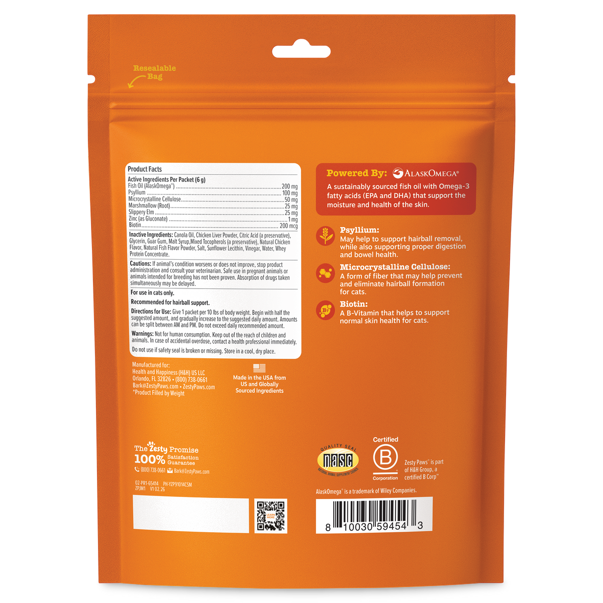 Orange resealable pouch of cat hairball mousse with product facts, ingredients, and nutritional information printed on back.