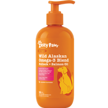 Orange pump bottle of Zesty Paws Wild Alaskan Omega-3 Blend with dog and cat illustrations on label.