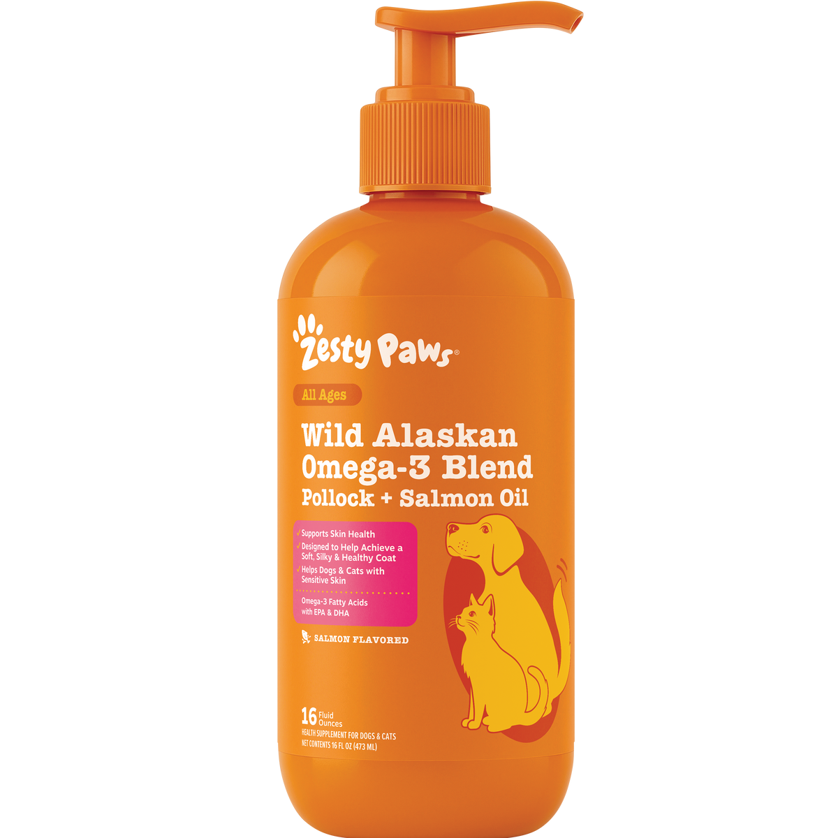 Orange pump bottle of Zesty Paws Wild Alaskan Omega-3 Blend with dog and cat illustrations on label.