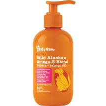 Bright orange bottle with pump dispenser labeled "Zesty Paws Wild Alaskan Omega-3 Blend Pollock + Salmon Oil" featuring a dog