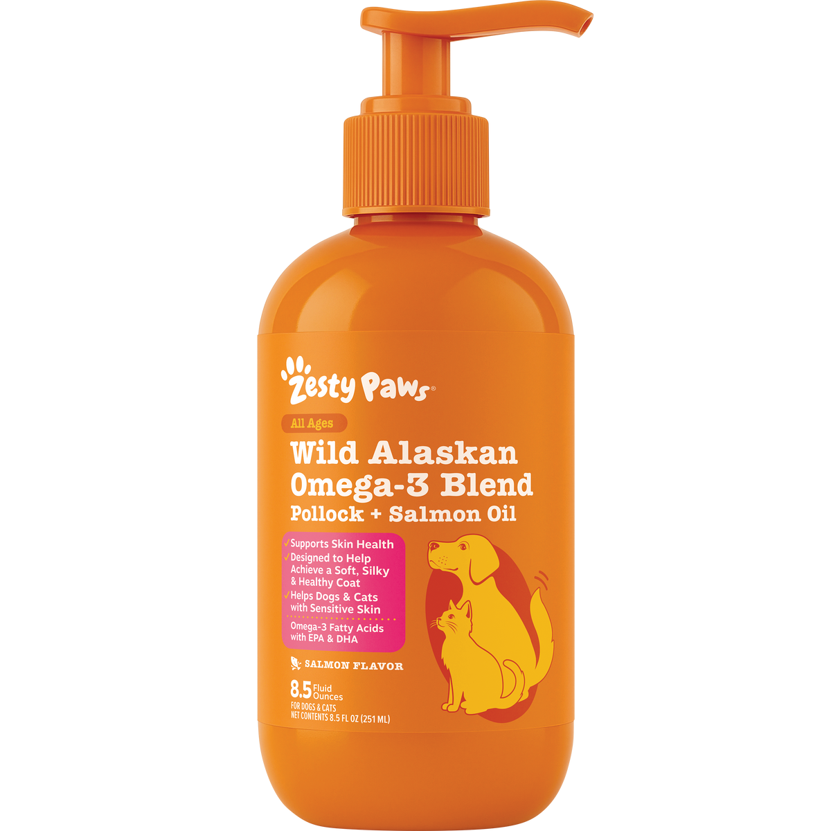 Bright orange bottle with pump dispenser labeled "Zesty Paws Wild Alaskan Omega-3 Blend Pollock + Salmon Oil" featuring a dog