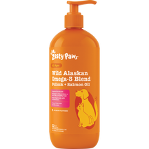 Orange pump bottle of Zesty Paws Wild Alaskan Omega-3 Blend with dog and cat silhouettes on label.