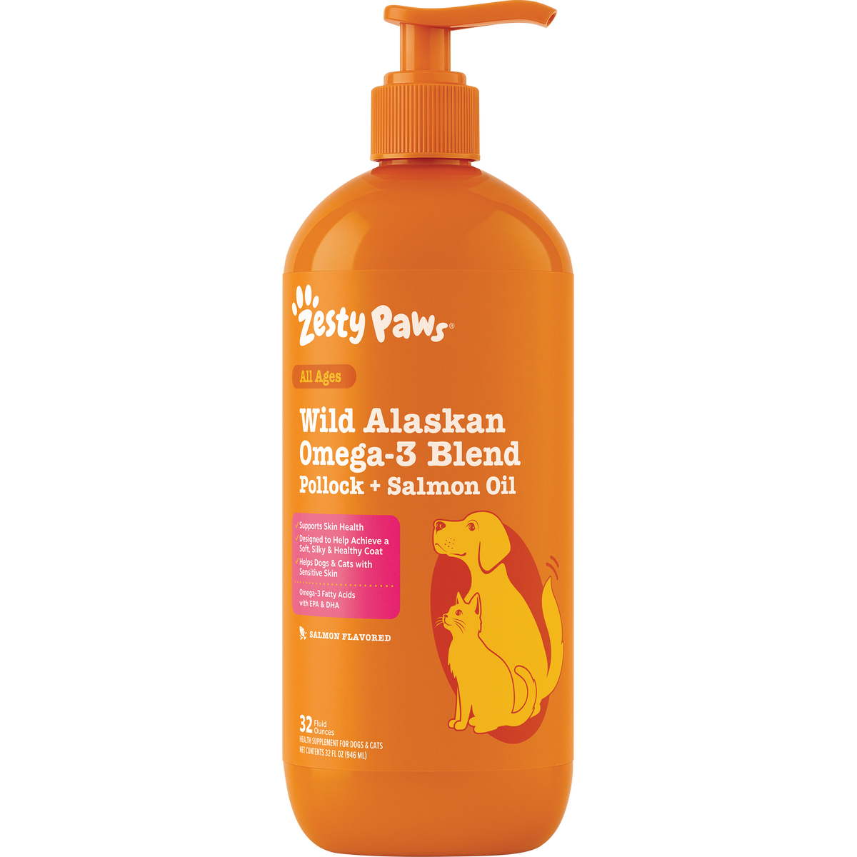 Orange pump bottle of Zesty Paws Wild Alaskan Omega-3 Blend with dog and cat silhouettes on label.