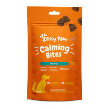 Orange Zesty Paw Calming Bites pouch with white text, paw logo, and yellow dog silhouette, containing 10 soft chews.