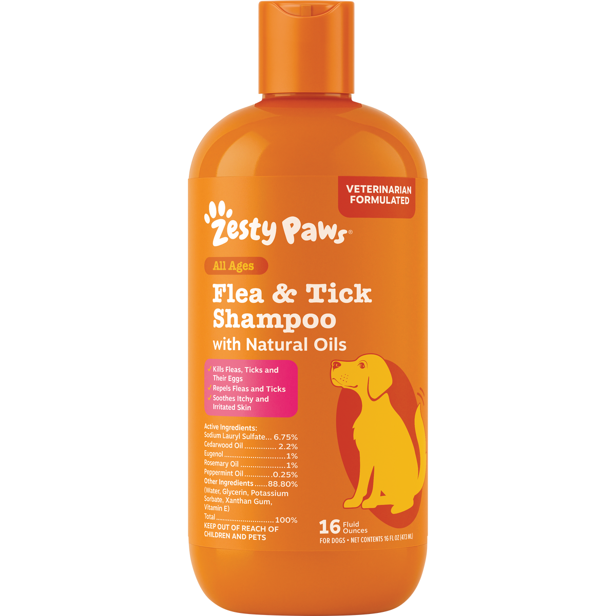 Orange bottle of Zesty Paws flea and tick shampoo with natural oils, 16 fl oz, featuring paw print logo and yellow dog illust