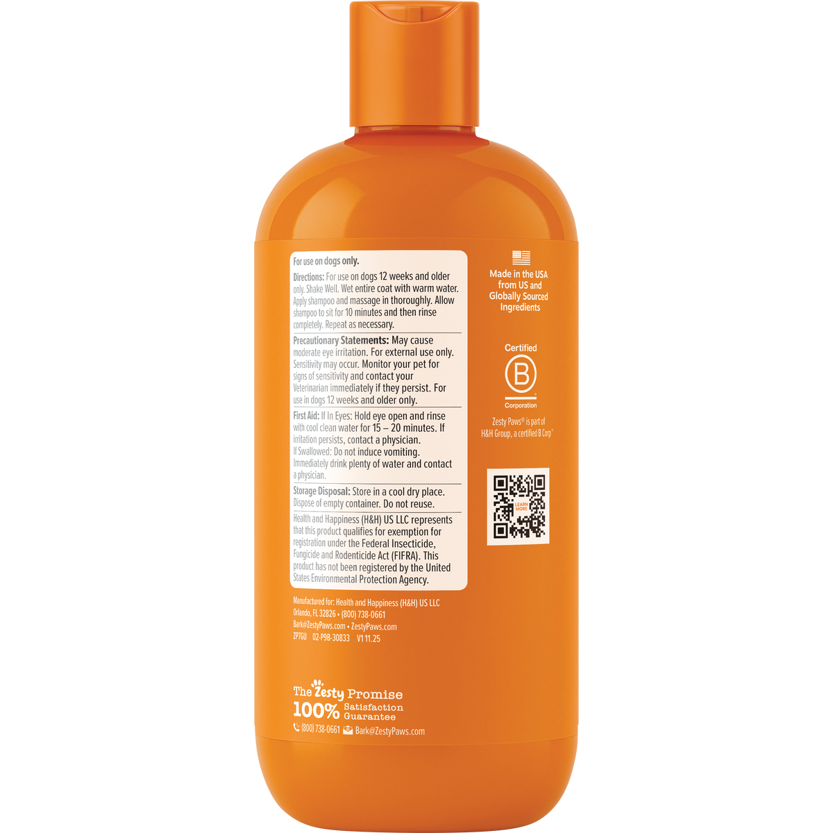 Orange plastic bottle of flea and tick shampoo for dogs with orange cap and white label with usage instructions.