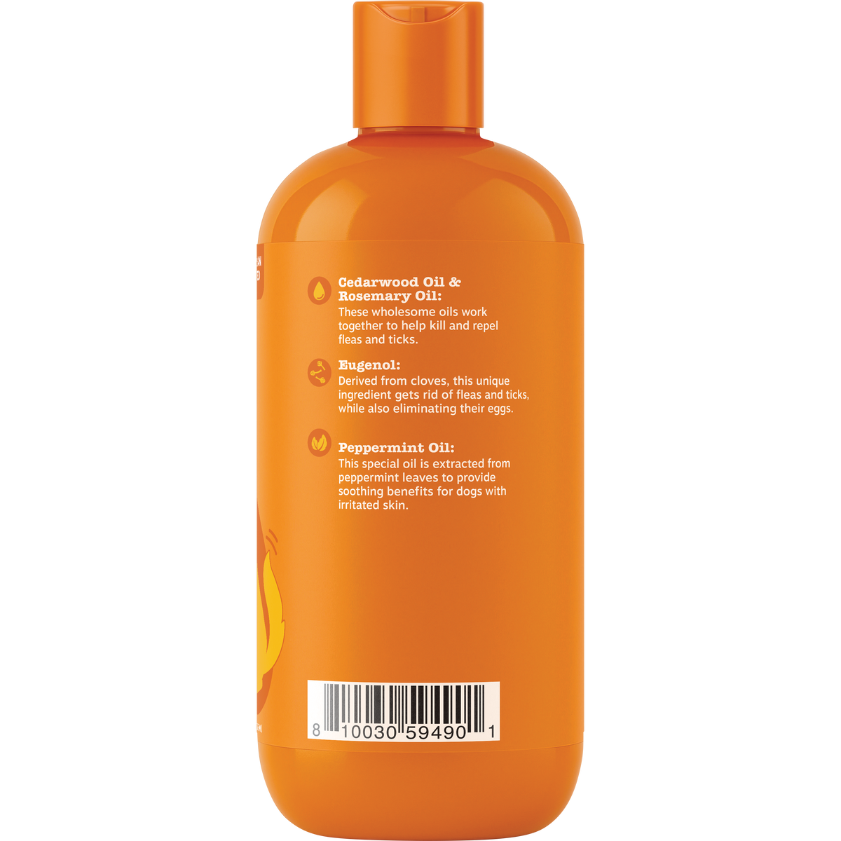 Orange plastic bottle of dog shampoo with orange cap and ingredient information printed on label.