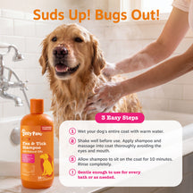 Golden retriever being bathed with orange flea and tick shampoo bottle displayed in bathroom setting.