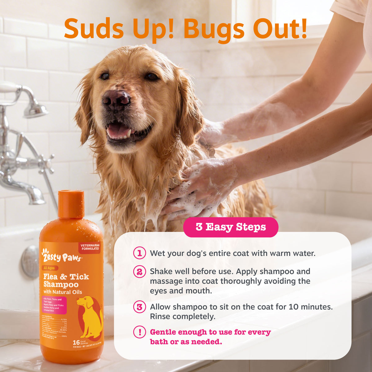 Golden retriever being bathed with orange flea and tick shampoo bottle displayed in bathroom setting.