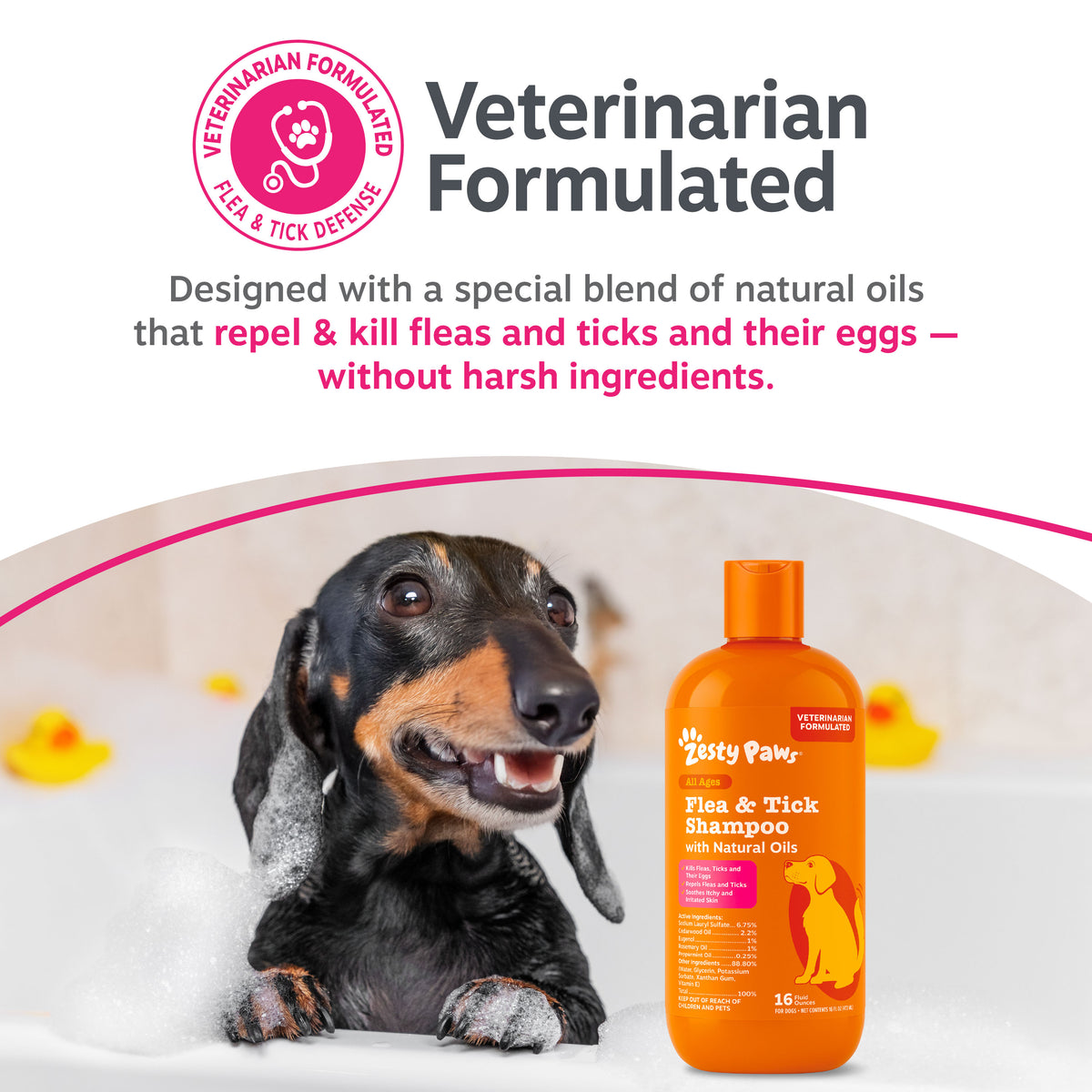 Orange bottle of flea and tick shampoo next to black and tan dog with rubber ducky toys.