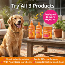 Golden retriever with tongue out sitting beside wooden table displaying three orange flea and tick pet care products.