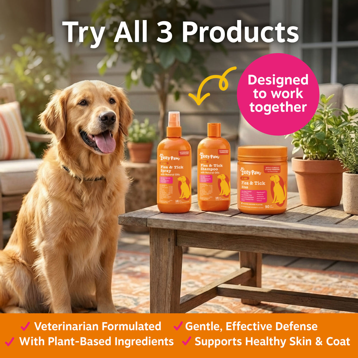 Golden retriever with tongue out sitting beside wooden table displaying three orange flea and tick pet care products.