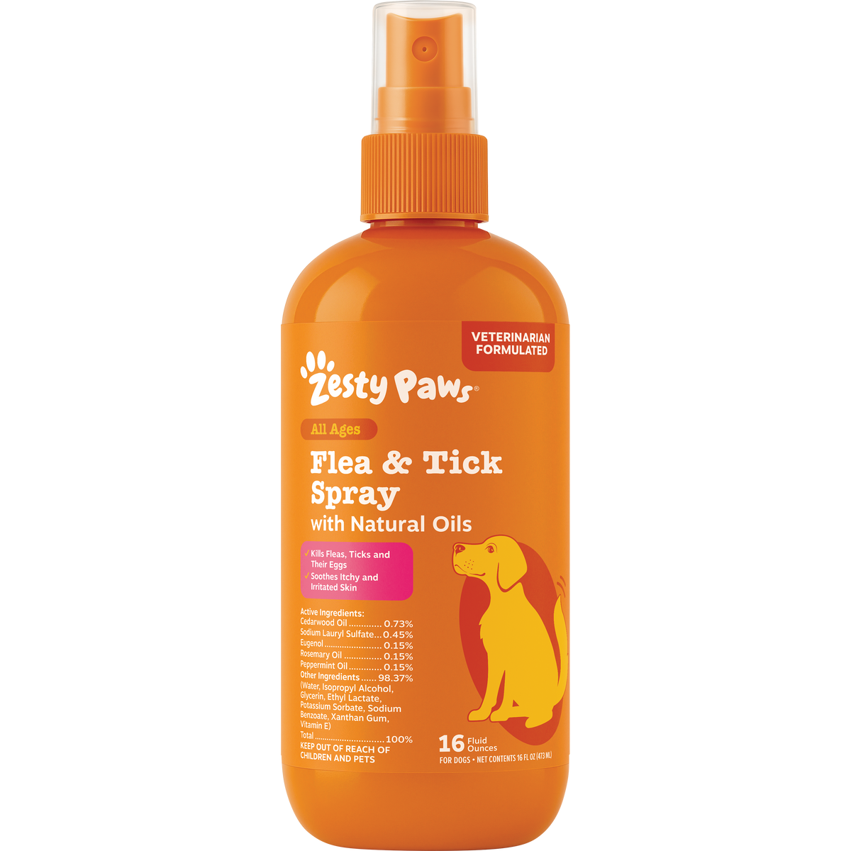 Orange spray bottle of Zesty Paws Flea & Tick Spray with natural oils and yellow dog silhouette on label.