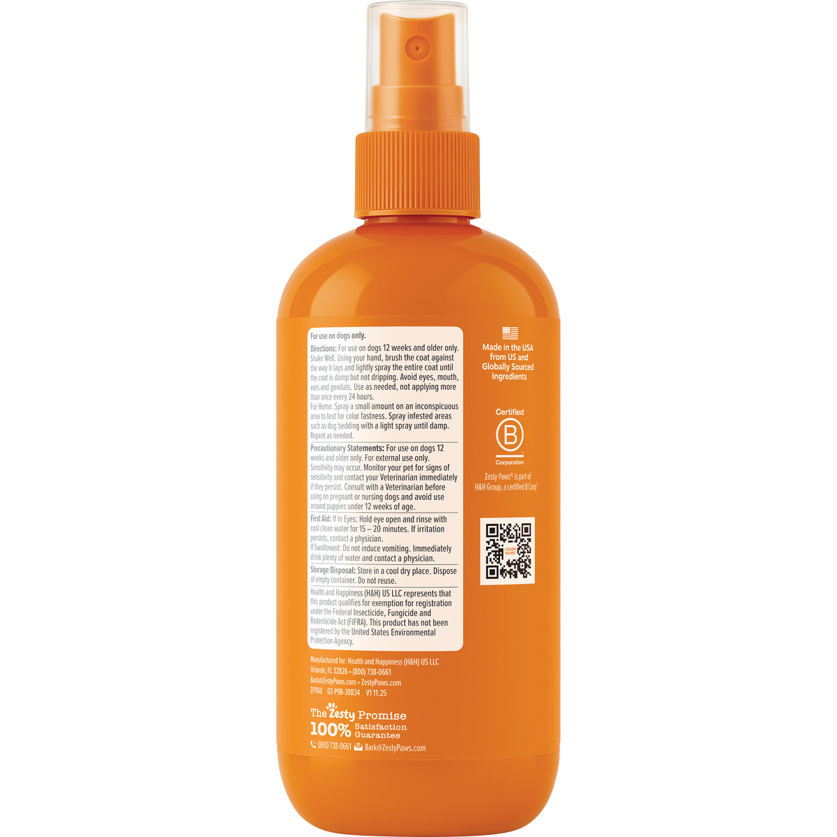 Orange spray bottle with pump nozzle and ribbed collar containing flea and tick treatment liquid.