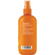 Orange spray bottle with pump dispenser containing flea and tick spray formulated with cedarwood oil, rosemary oil, eugenol, 