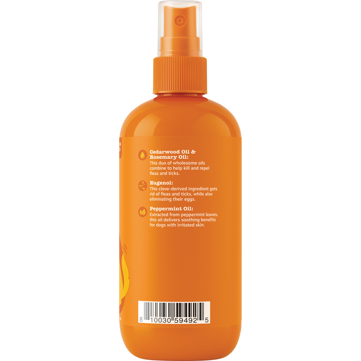 Orange spray bottle with pump dispenser containing flea and tick spray formulated with cedarwood oil, rosemary oil, eugenol, 