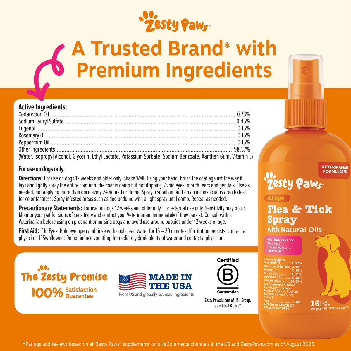 Orange spray bottle labeled "Zesty Paws Flea & Tick Spray with Natural Oils" featuring product information and ingredient det
