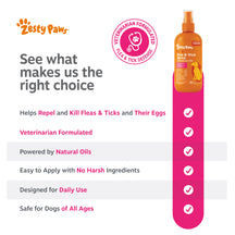 Zesty Paws orange spray bottle with pink label and veterinarian formulated badge on white background.