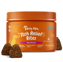 Orange jar of Zesty Paw Itch Relief Bites with brown soft chew treats displayed in front.