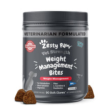 Dark gray jar labeled "Zesty Paw Vet Strength Weight Management Bites" with brown soft chew treats displayed in front.